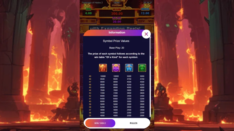 Treasures of Hades 2 - jedwali la malipo na alama za yanayopangwa za Rectangle Games na RTP ya 96.95%